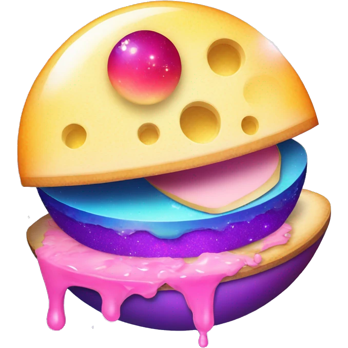 sparkly glittery blue purple and pink gradient planet with a saturn ring dripping cheese emoji