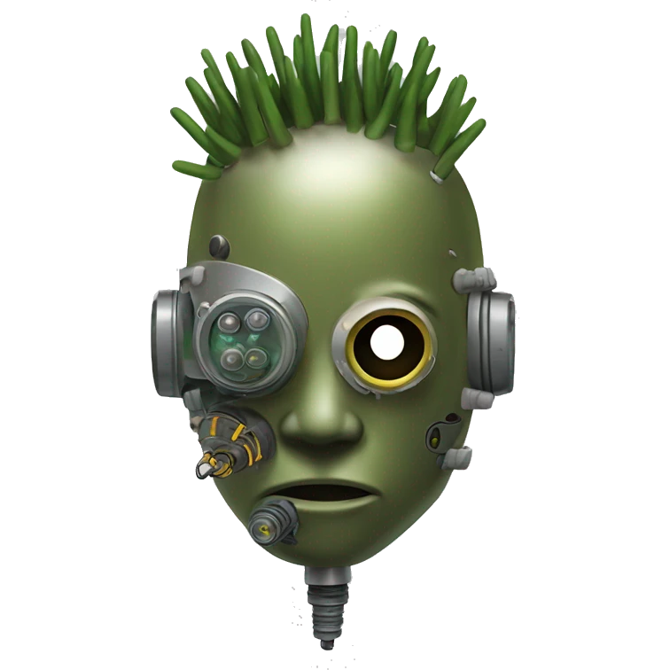 Olive green mohawk cyborg head with respirator mask and circuits emoji