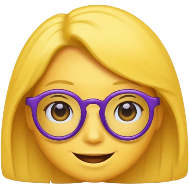 un emojis amarillo, con el cabello negro corto lacio,   con lentes violeta y una sonrisa emoji