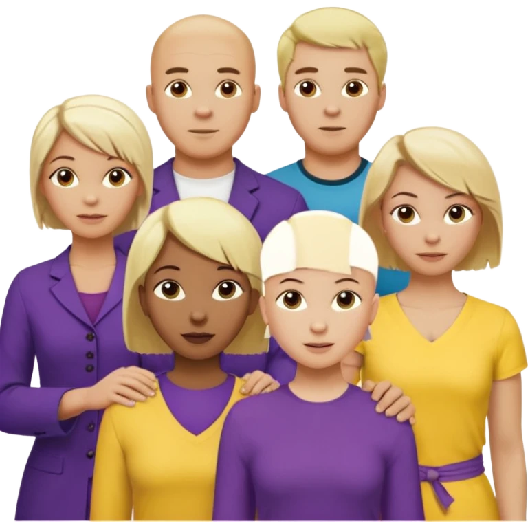 5 person team; 2 men and 3 women.  All dressed in yellow or purple.  1 caucasian woman with blonde mid length hair. 1 caucasian woman with blonde short length hair. 1 caucasian woman has ash blonde hair tied up. 1 man is African-american and bald, 1 man is caucasian and very little hair left.  
 emoji
