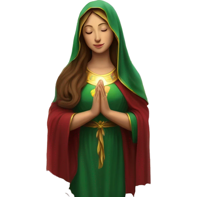 Virgin Mary: kind face looking down at the left, long brown hair, Wearing an emerald green  robe with gold stars and a burgundy red dress,  Hands in prayer or blessing. Halo around her head. standing in front of a big sun. colorful roses on the sides  emoji