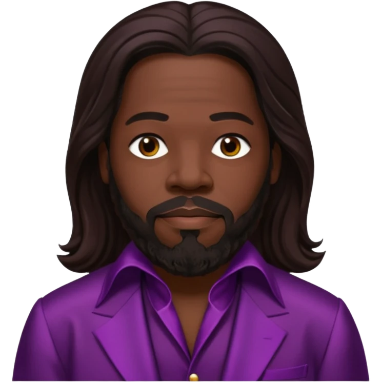 Barry White with long dark brown hair, dark plum silk outfit emoji