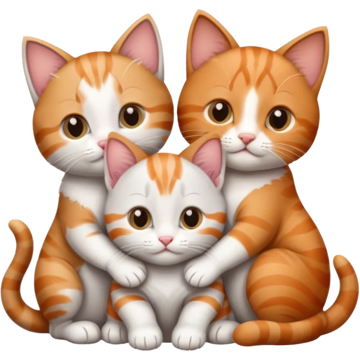 3 kittens cuddling together all different colours, the first one is grey and white, the second is ginger and white and the third is brown tabby and white emoji