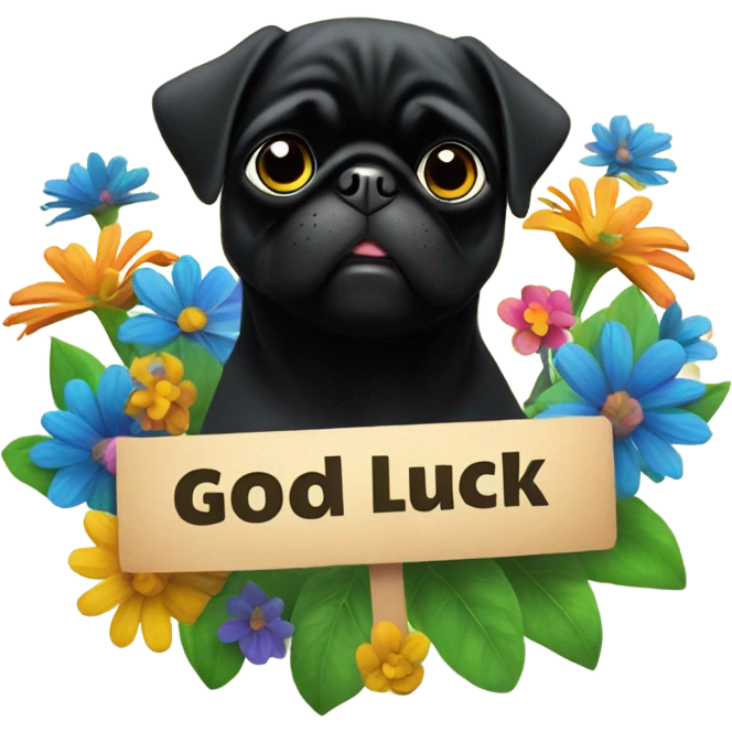 Black pug , surrounded by flowers, holding a green sign that says “good luck”  emoji