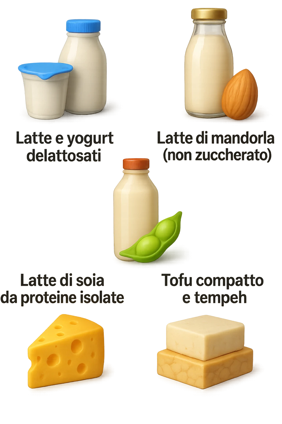 emoji stile iphone 3d di questi elementi che fluttuano in aria:

Latte e yogurt delattosati
Latte di mandorla (non zuccherato)
Latte di soia da proteine isolate
Formaggi stagionati (es. parmigiano)
Tofu compatto e tempeh
 che fluttuano in aria,  le etichette scrivile in italiano, iperealistico 4k emoji