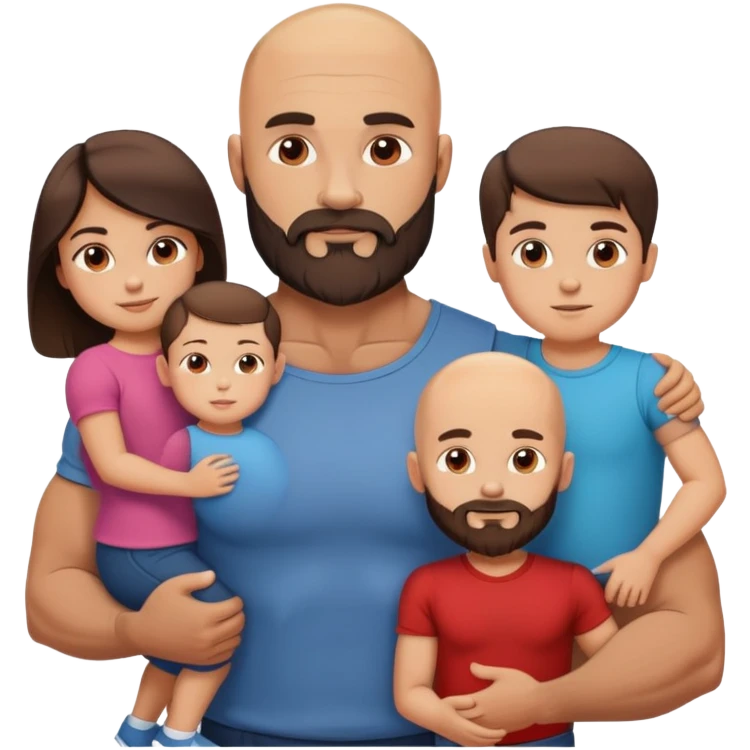 Muscular Bald man with a beard with his young beautiful brunette wife and their 3 sons emoji