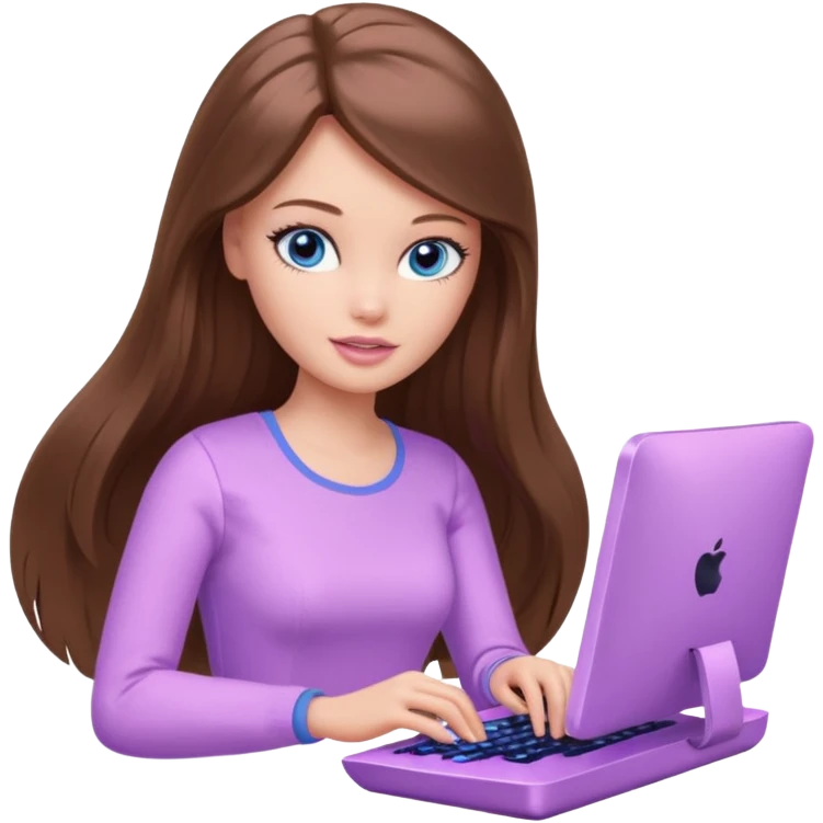 beautiful barbie girl with long brown hair, blue eyes and wearing light purple clothes playing computer games emoji