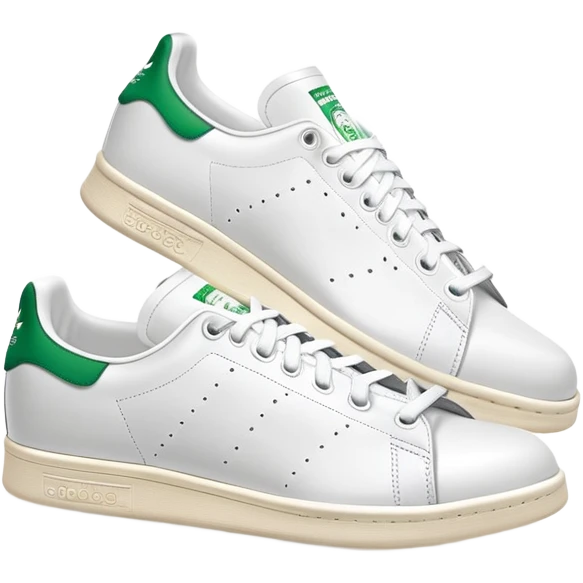 A pair of white Adidas Stan Smith sneakers arranged with one shoe behind the other, white leather with green heel tabs, classic design, both shoes visible emoji