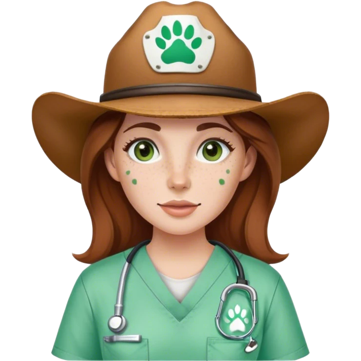 Pale Woman with brown hair and green eyes and freckles on her cheek bones wearing scrubs that have a paw print logo on the scrubs  and a cow girl hat emoji