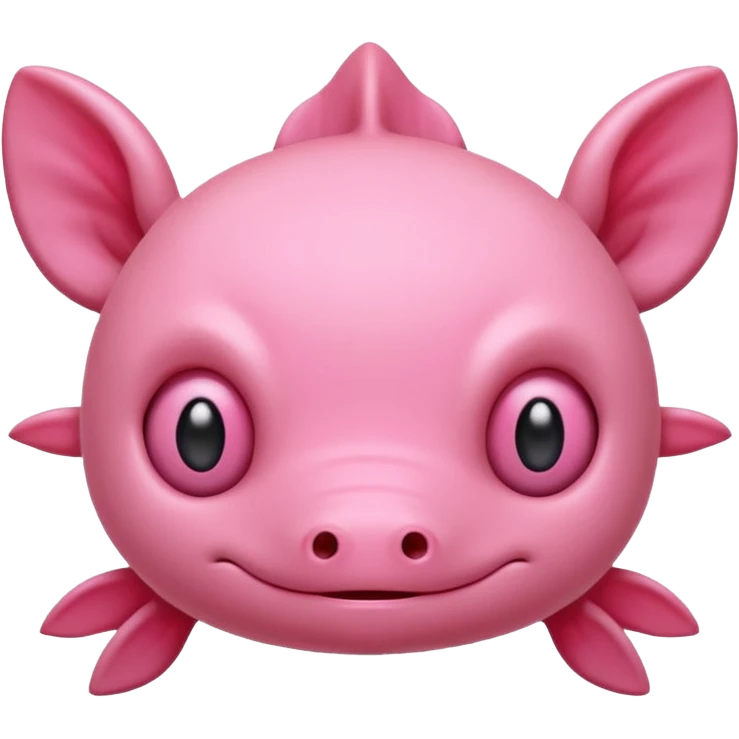 Cartoon pink axolotl face emoji, front view, flat wide head, external gills on both sides, big round eyes, small mouth, no snout, vector style, flat colors, transparent background. emoji