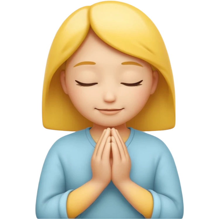 A 3D Apple-style yellow round emoji, calm and patient expression, closed eyes with a gentle smile, hands together in front as if waiting or praying, soft relaxed eyebrows, subtle glow around the head to symbolize patience, clean minimal background emoji