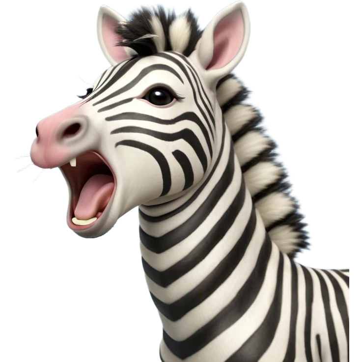 Cinematic Cute Yawning Zebra Portrait Emoji, Head tilted slightly with a dramatic, wide-open yawn, showcasing a soft, downy striped fur with gently drooping ears, a long, elegant equine snout, and round eyes barely open in drowsy contentment, Simplified yet irresistibly adorable features, highly detailed, glowing with a soft, cozy glow, high shine, relaxed yet expressive, stylized with a touch of savannah charm, bright and endearing, soft glowing outline, capturing the essence of a sleepy yet affectionate zebra that feels like it could stretch out of the screen and curl up for a nap! emoji