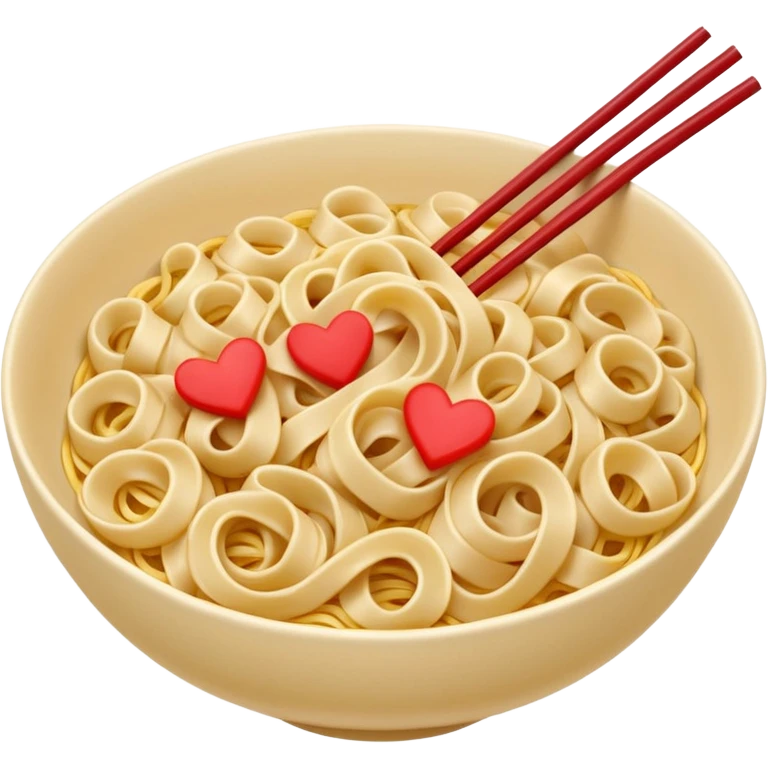 loose tangle of pale yellow cooked noodles with soft glossy texture and natural curves, strands slightly twisted and overlapping, freshly prepared dish, no bowl chopsticks or sauce, soft lighting, subtle shadows, emoji scale, make the noodles heartshaped and add tiny red hearts on the noodles emoji