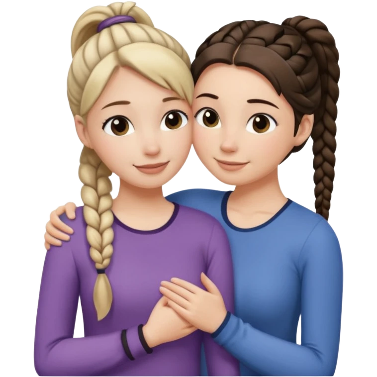 Comforting Hug two white skin women, one shorter woman with medium brown simple top ponytail, not braided, and one taller woman with a single long black side braid emoji