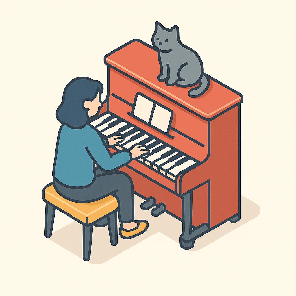 woman playing piano while her cat sits on top of the piano emoji