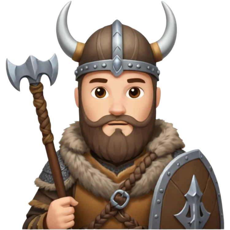 A tall Viking with braided beard, fur cloak, and heavy axe resting on his shoulder with horned helmet emoji