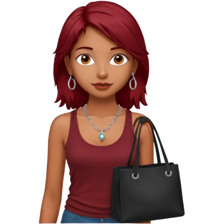 a pretty tan indian bratz girl with messy dark red hair, wearing a dark red tank top, layered silver necklaces. Carrying a black tote bag emoji