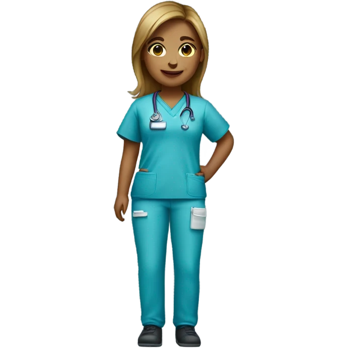 Girl in scrubs with hands in pockets emoji