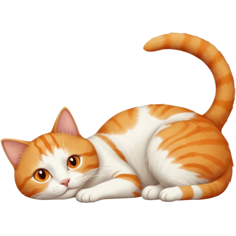 ginger and white cat with orange eyes doing a big extremely long stretch reaching up into the air with arms and legs side by side together straight and overextended whilst lying on its side emoji