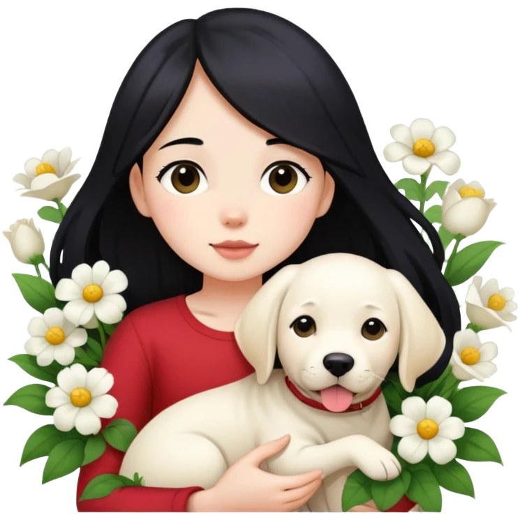 A girl with long black hair is holding a white Labrador in the flowers emoji