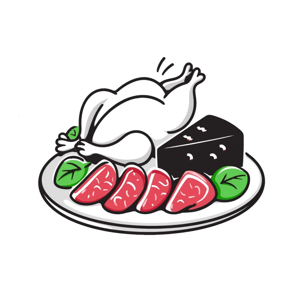 A plate with red meat, chicken, spinach, and cheese arranged together. emoji