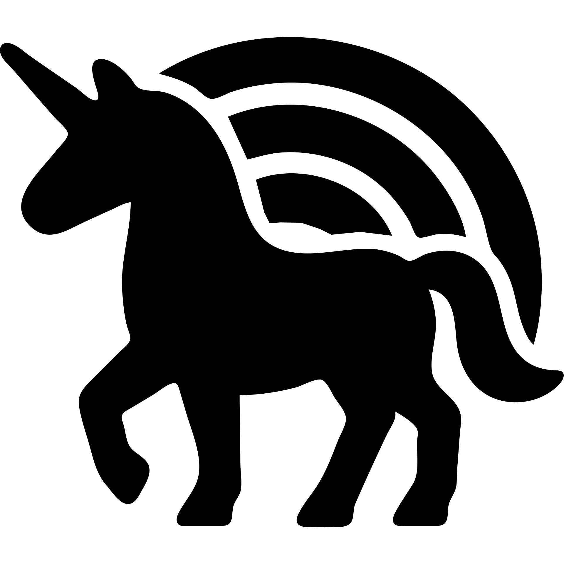 A unicorn in a black filled icon style, with a rainbow. emoji