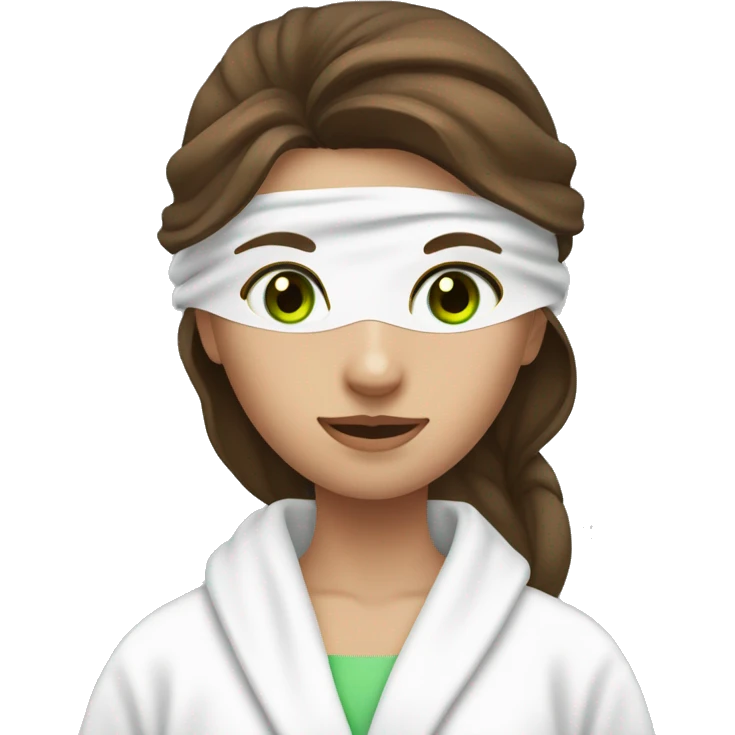 A girl with brown hair and green eyes wearing a mask on her face, a white towel on her head and a white bathrobe emoji