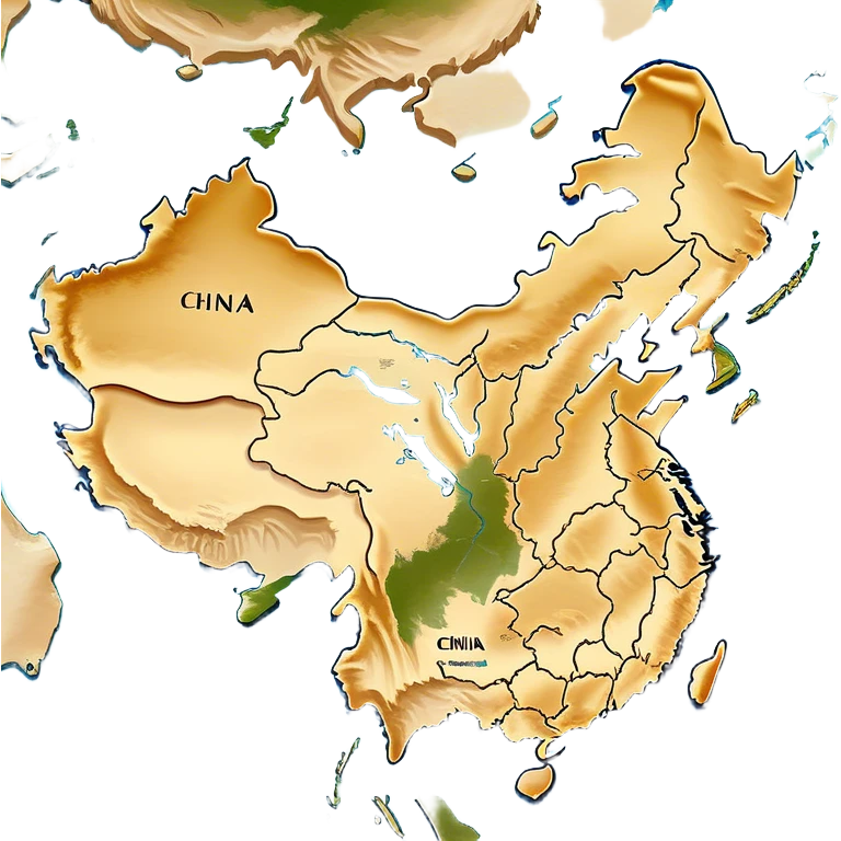 Cinematic-realistic outline of china, featuring its distinct landmass with accurately defined coastlines. The deep blue ocean surrounds the golden-brown continent, with subtle topographic shading to highlight its terrain. A soft glowing effect enhances the edges, making the shape stand out against a neutral, textured background. emoji