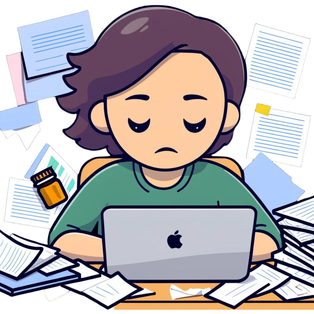 tired woman at a desk with a MacBook, surrounded by messy papers, emphasizing disorganization emoji