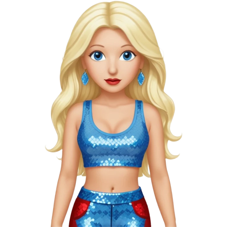 Christina Aguilera with blue eyes, long blonde hair, light blue sequin crop top, red sequin pants emoji