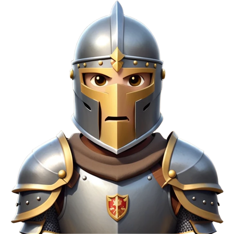 clash-of-clans-aesthetic_-cinematic-fearsome-and-majestic-knight-bust-portrait-emoji, rendered in a flat, vector-style with minimal shading and bold, simplified shapes, depicting a battle-ready medieval knight with steely eyes and intricate armor, mounted on a warhorse reflecting sunlight over a misty battlefield. emoji