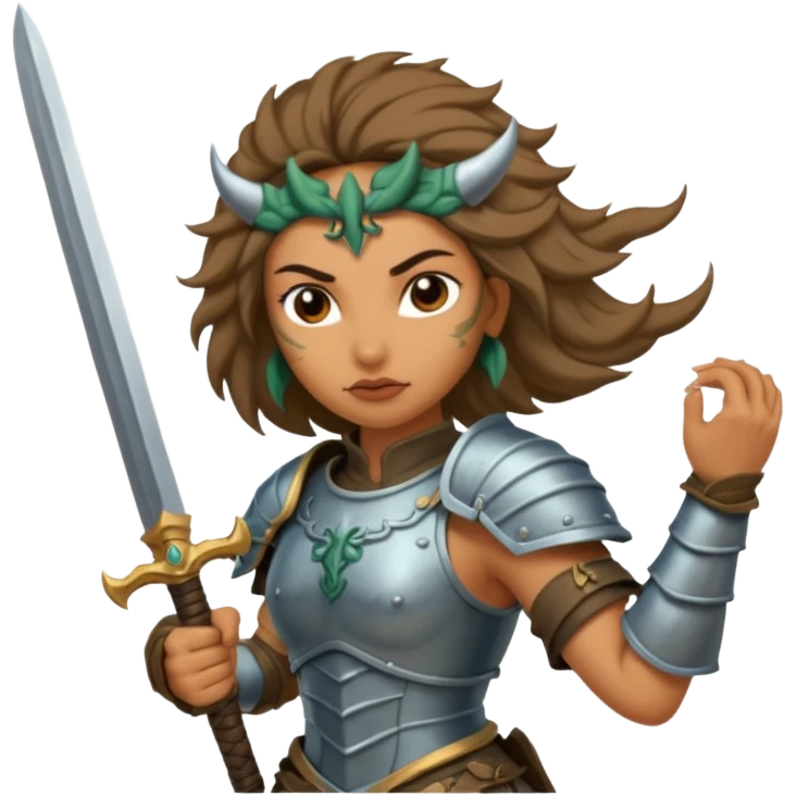 Fierce Latina in armor with a sword after a battle cutting off the head of a hydra emoji