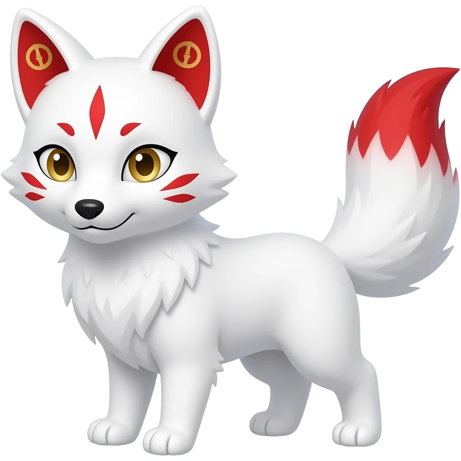 A pure white one-tailed kitsune (fox form,) with red accents, (one marking on each of its cheek, two markings each across its eyes and a single one on its forehead,) red on the insides of its ears, with gold symbols inside of its ears,) and pale golden eyes. Pure white paws and a red tail tip. emoji