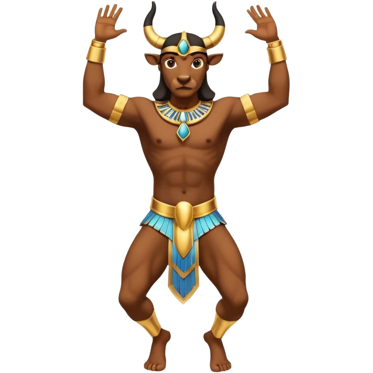 fullbody Egyptian human bull leaper, front view, in 'are you entertained' pose, without horns, with arms raised, with gold jewelry emoji