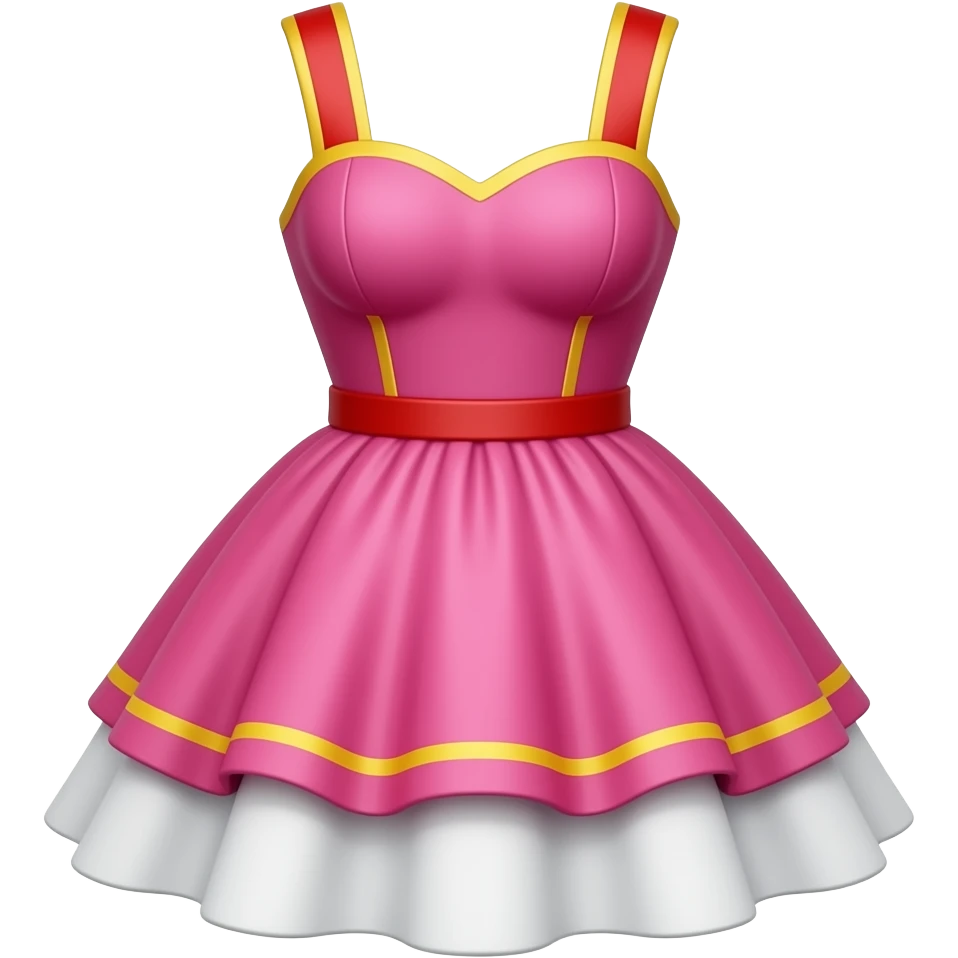 Emoji of a pink dress with red shoulder straps trimmed in yellow, white bottom frill, simple cute cartoon style, white background, front view, just the dress only, no head no face emoji