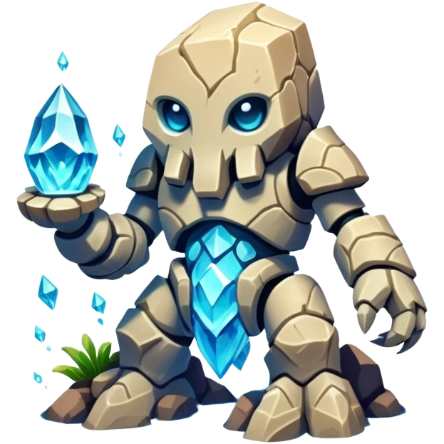 Design a unique elemental sandstone guardian golem creature that combines the crystalline rock golem's defensive fortitude with the spectral water serpent's fluid grace, perhaps creating a being with a segmented stone core that flows like water and channels ghostly aquatic energy through embedded gems. fluorescent bioluminescence emoji