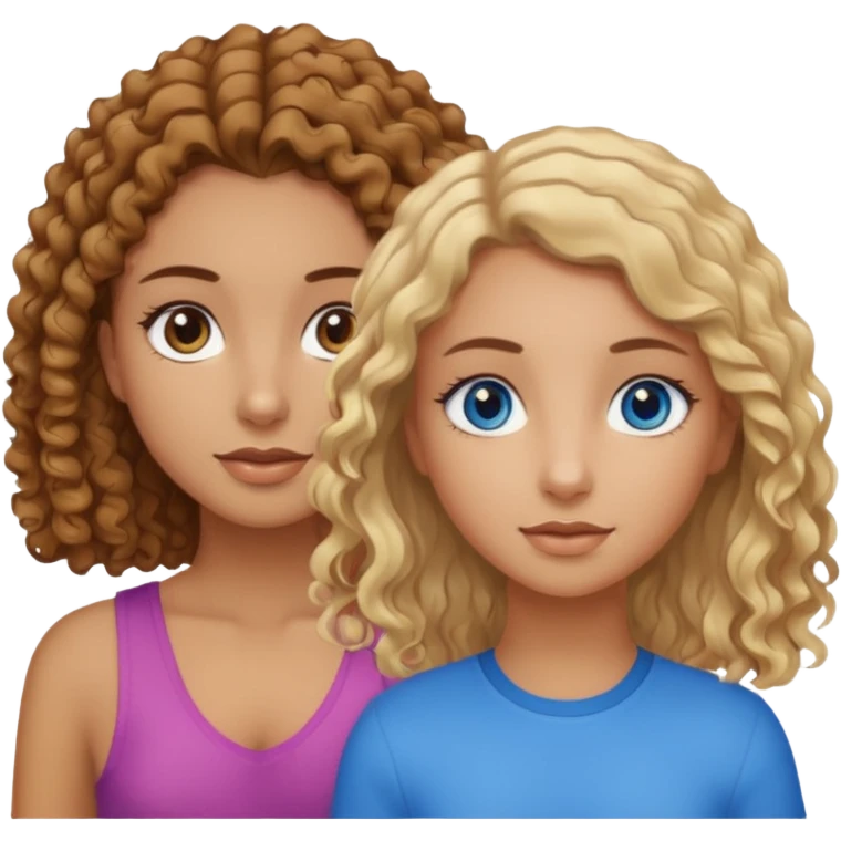 Tan girl with brown curly hair and brown eyes next to a tan girl with straight blonde hair and blue eyes emoji