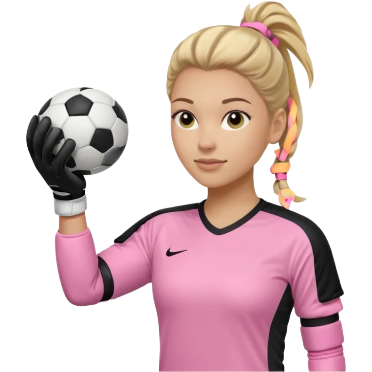 Make a dirty blonde football goalkeeper with goalkeeper gloves on. light skinned and wearing a light pink football kit. Wearing one ponytail on back of head. Make it without the whole body. With full sleeves. No RUGBY BALl.  BLACK AND WHITE BALL.  Holding the ball regularly emoji