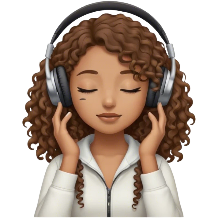 Light brown skin girl, long curly brown flat hair, eyes closed, headphones on listing to music emoji