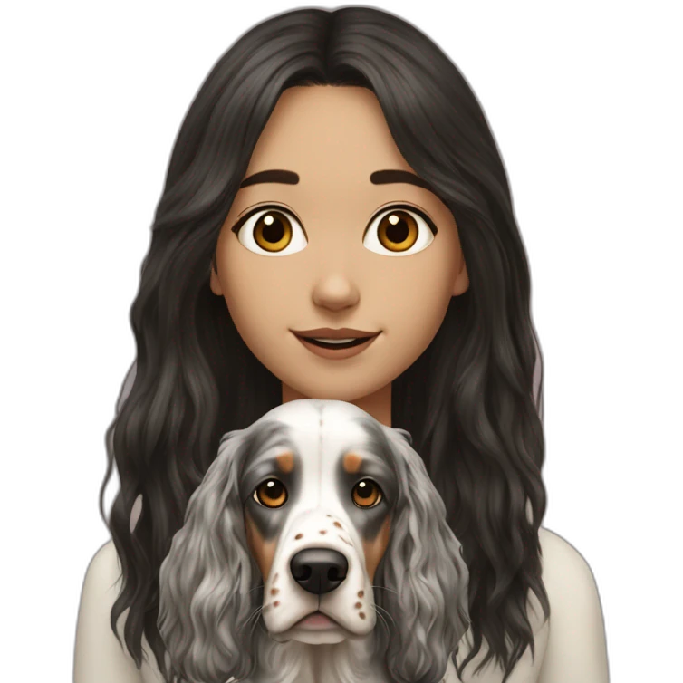 hyperrealist caucasian girl black long hair with brown english setter dog emoji