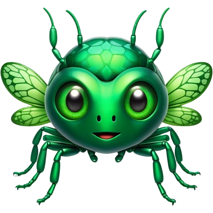 Cinematic Cute Green Bugdie Portrait Emoji, Head tilted playfully and inquisitively, featuring a glossy, vibrant emerald exoskeleton with intricate patterns, round, sparkling multifaceted eyes filled with curiosity, Simplified yet irresistibly adorable features, highly detailed, glowing with a warm, friendly glow, high shine, affectionate and lively, stylized with a touch of whimsy, bright and endearing, soft glowing outline, capturing the essence of a mischievous yet charming bug, so playful it feels like it could buzz out of the screen and into your arms! emoji