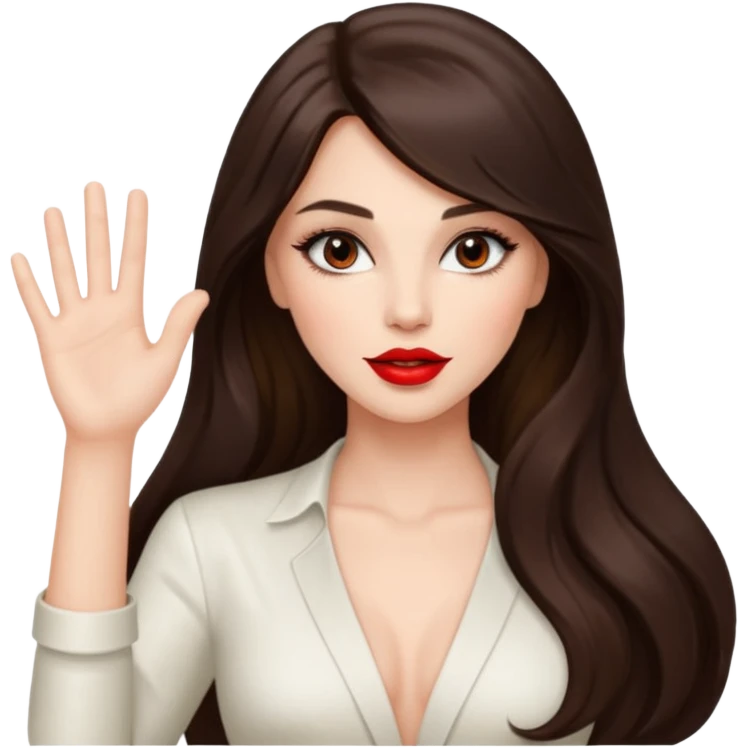 Beautiful brunette lady sexy with raised 1 hand, long hair red lips emoji