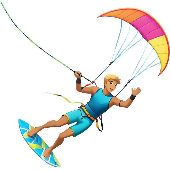 A kitesurfer soaring through the sky, harnessing the wind on a bright, colorful kite. The scene shows the surfer gliding over the water with the kite above, emphasizing the freedom, speed, and thrill of the sport in a dynamic coastal setting. emoji