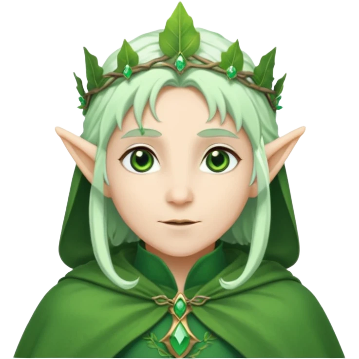 Forest Elf – elegant green-skinned elf with leaf crown and cloak, white hair emoji