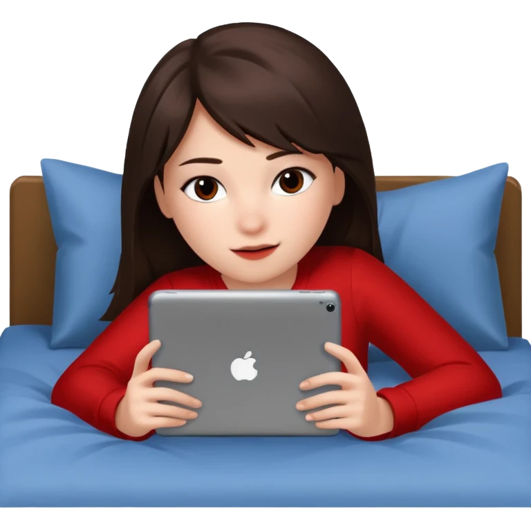 A teen brunette with a red peekaboo Laying in bed on her iPad playing Roblox  emoji