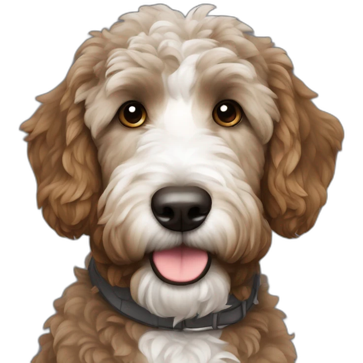 dark gray brown golden doodle with white patch on chest emoji