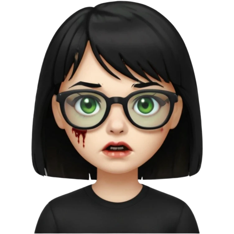 A zombie girl in Apple Memoji format with straight black hair with bangs, wearing a black shirt and black glasses emoji