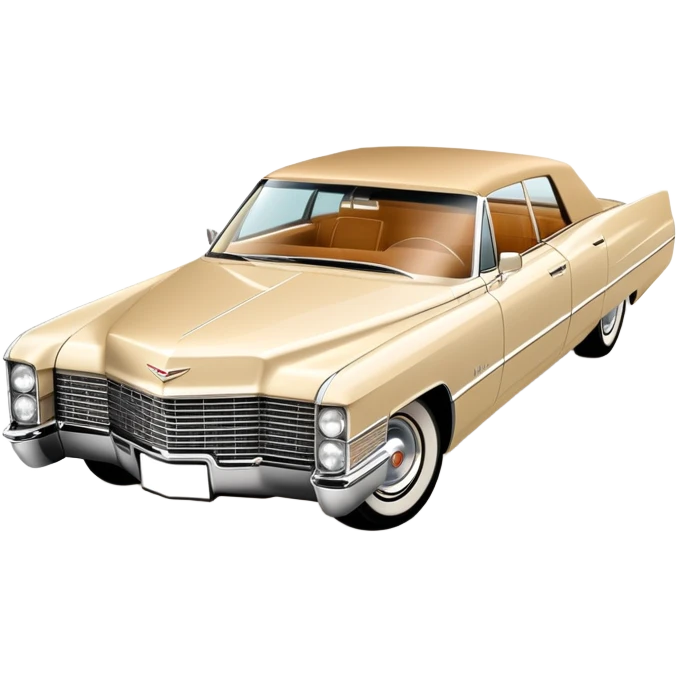 Streamlined beige 1966 Cadillac DeVille, minimal design language, 30-degree view showing simplified front and side, Once Upon a Hollywood reference, iOS emoji style emoji