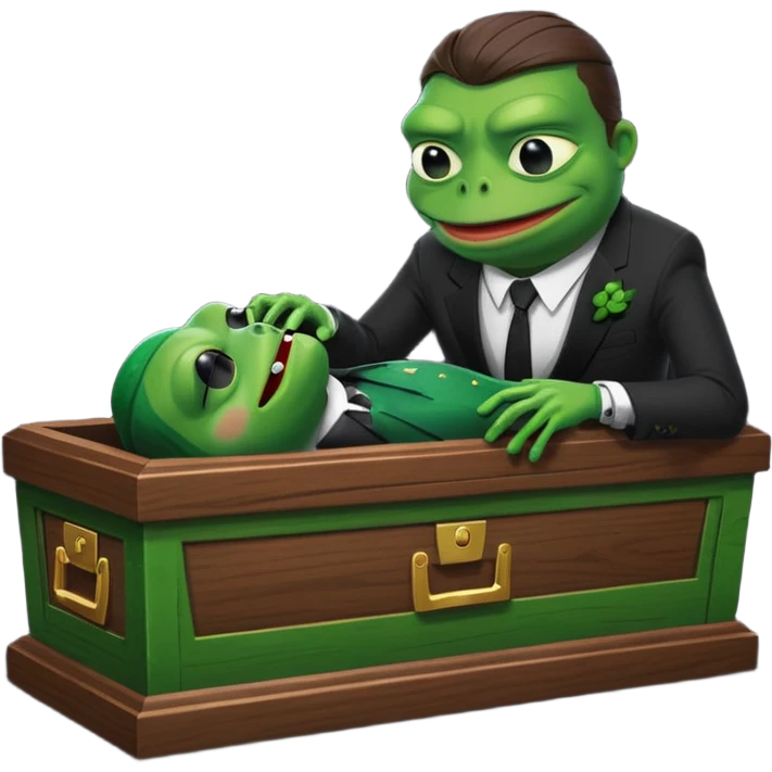 A coffin with "ECHO" written on it, being nailed shut by a Pepe the frog character. emoji