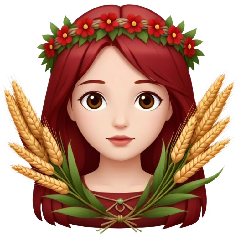 In Greek mythology, Persephone is often depicted as a young goddess with fair skin and dark red, straight hair. She is typically shown wearing a wreath of flowers and holding symbols like sheaves of grain or a flaming torch.  emoji